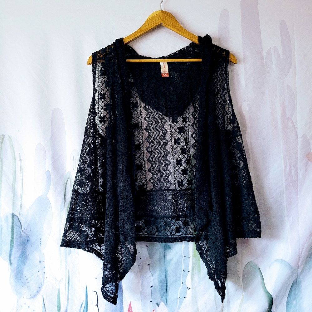 Sheer Black Sleeveless Open front Top w/ hood Size XL